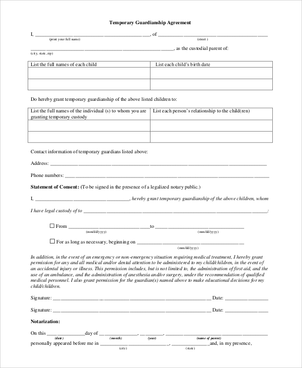 Temporary Guardianship Form For School Enrollment